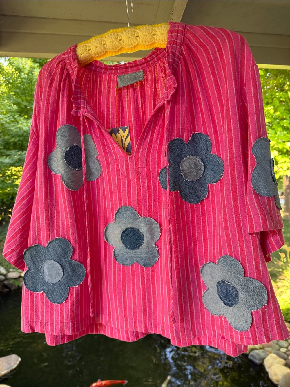 Upcycled Free Size Pink Striped Linen Tunic with Blue Floral Appliqués